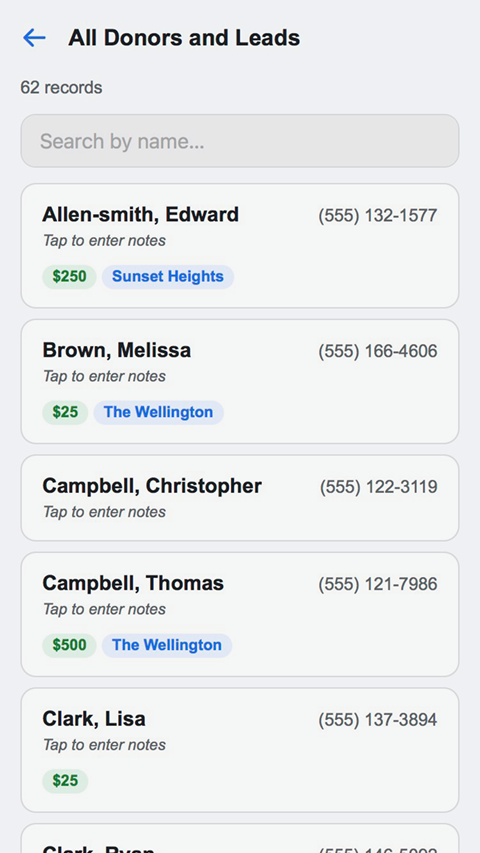 Contact Cards Screen