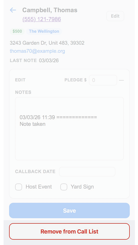 Contact Detail Remove from Call List